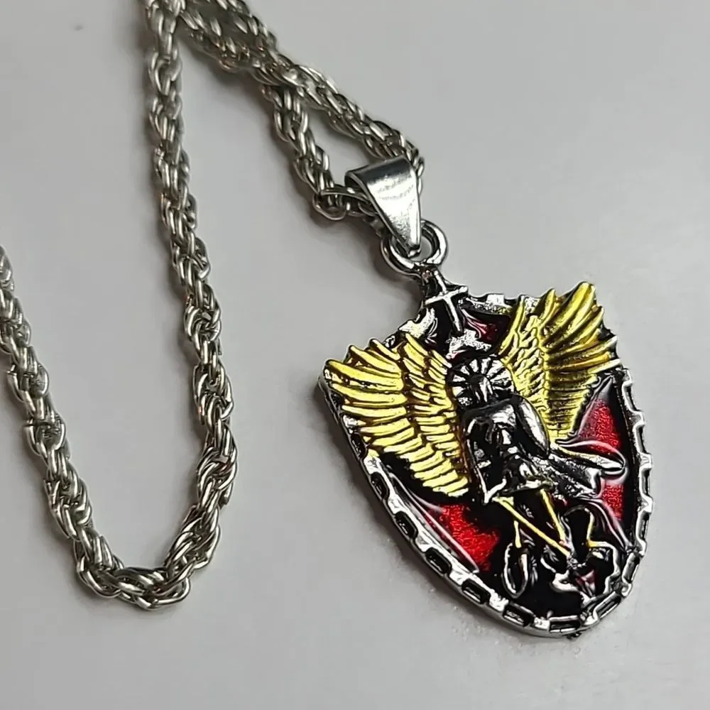 Saint Michael Shield Necklace Archangel Pendant Protection Stainless Steel 24